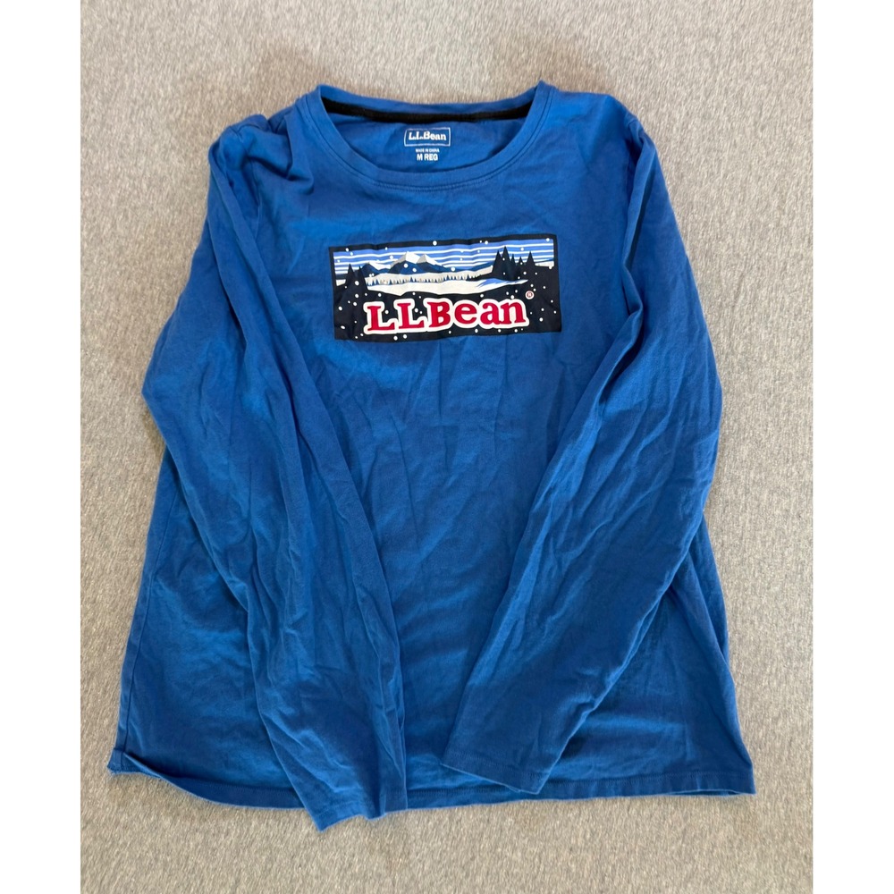 LL Bean Mens Blue Graphic Long Sleeve T-Shirt Mountain Logo Cotton M REG 507499